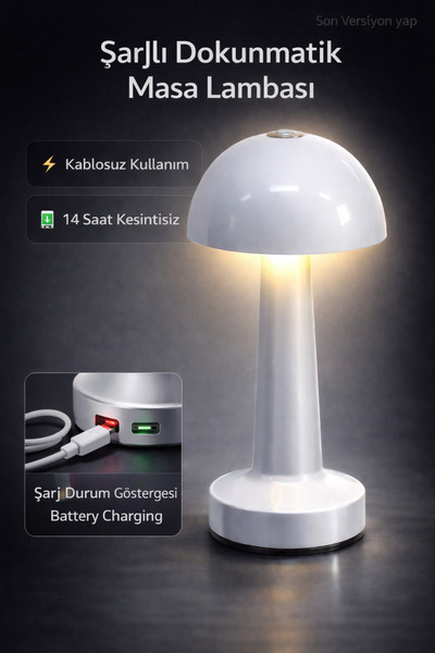 ZENLİGHT Metal Şarjlı Dokunmatik Mantar Masa Lambası beyaz