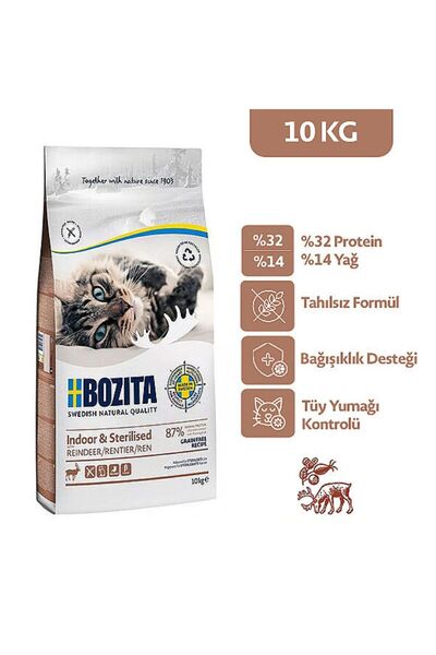Bozita İndoor&Sterilised Tahılsız Geyik Etli Kısırlaştırılmış Kedi Maması 10 KG