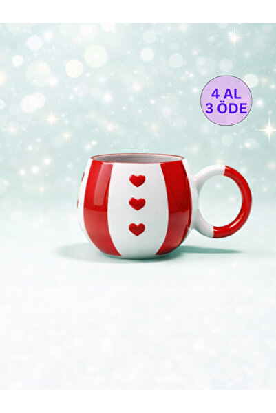 KYA CERA Kırmızı Şeritli Kırmızı Kalp Kabartmalı Tekli El Yapımı Kupa