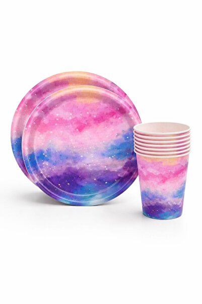 Partifabrik Gökkuşağı Rengarenk Temalı Karton Tabak Bardak Set 8 tabak 8 bardak