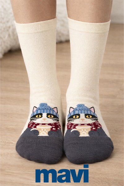 Mavi Kedi Printed (6 Pieces) Ecru Socks