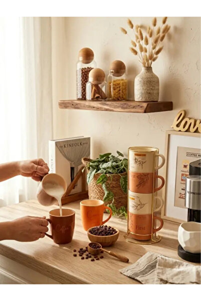 Tohana Gold Metal Stand Four-Piece Porcelain Mug Espresso Cup 300 ml