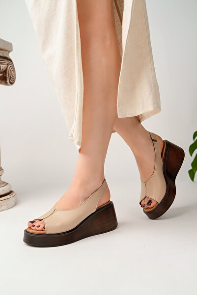 Deripabuc Γνήσιο Δέρμα Μπεζ Γυναικείο Δερμάτινο Σανδάλια DP26-1701