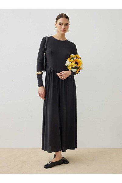 Refka Rochie Tesettür cu detaliu corset în talie din țesătură Sandy - Negru -