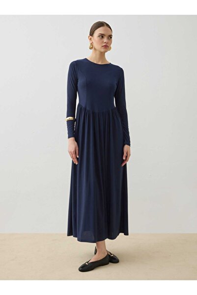 Refka Rochie Tesettür cu detaliu corset în talie din țesătură Sandy - Bleumar...