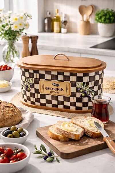 Turkco Desenli Ahşap Kapaklı Ekmeklik Mutfağınız İçin Modern Saklama Çözümü 3...