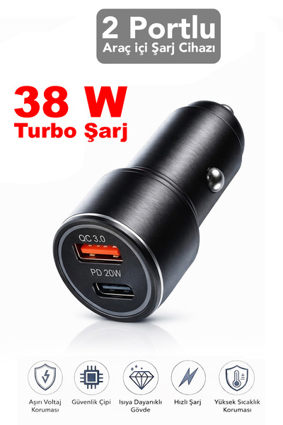 mimtec 38W 2 Port Araç Şarj Cihazı - Araç İçi Çakmaklık Type-C ve USB Girişli...
