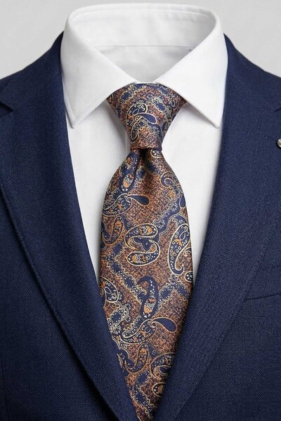 Kravatkolik Lacivert - Turuncu Şal Desen Mendilli Klasik Kravat KK13128