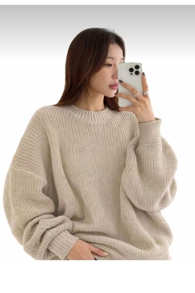 Kırlangıç Moda سترة تريكو نسائية بياقة دائرية باللون البيج قصة فضفاضة