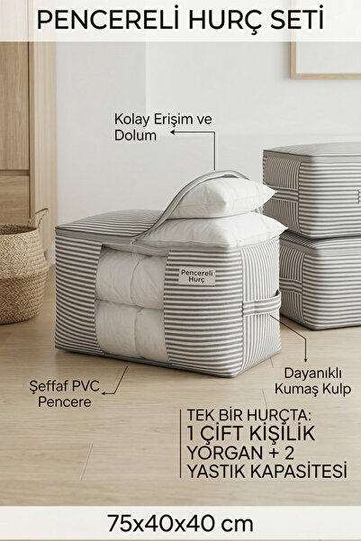 Textile sweet Pencereli Gri Çizgili Yorgan Hurcu 75x40x40