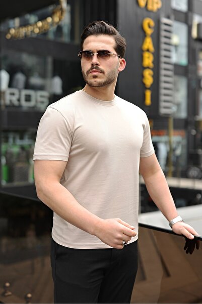 NERA GİYİM Oversize Bisiklet Yaka Tişört Yumuşak Nefes Alabilen Kumaş-Bej