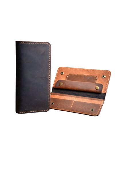 Huggy Craft Hakiki Deri Uzun Cüzdan – Vintage Kahverengi El Yapımı Unisex Der...
