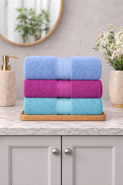 Cotton 3'lü %100 Pamuklu Havlu Seti Çavuş Bordür 50x90 El ve Yüz Havlusu