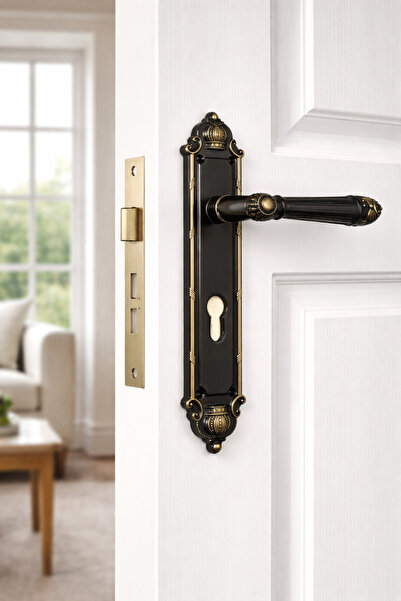 Generic طقم قفل مقبض باب مع قفل نقر، أسود مع لمسات برونزية، مقابض رافعة مزخرف...