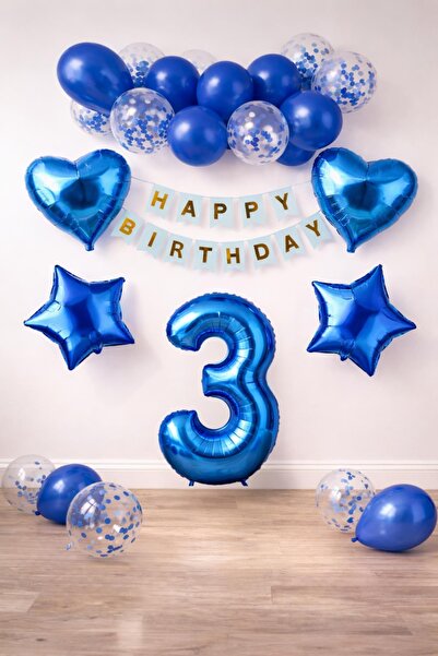 Patladı Gitti 3 Years Old Blue Concept Birthday Set; Heart Star Foil Balloon Set