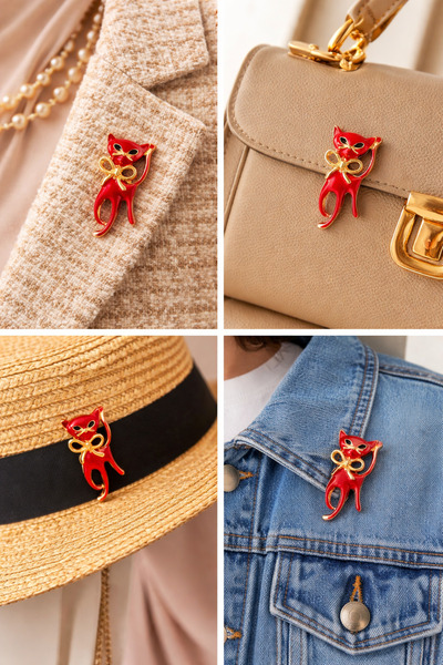 DREAMIOGIFTANDBOX Kırmızı Kedi Figürlü Altın Detaylı İğneli Broş Şık Pin Roze...