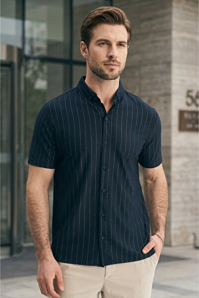 SILVANO Men's Navy Blue Vertical Striped Jacquard Slim Fit Short Sleeve Shirt
