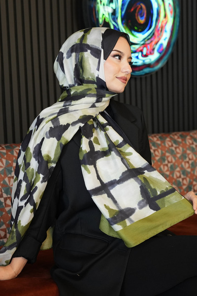 AFVENTE Șal din bumbac moale, cu model batik, culoare măsliniu