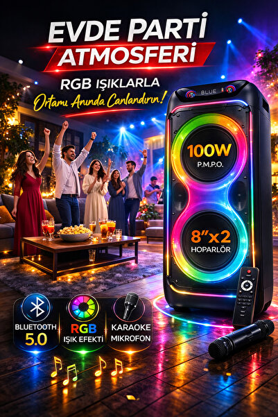 Maybax CİO 100W Hoparlör Gitar Saz Girişli Çift Mikrofon Karaoke Parti Ses Sistemi 80 CM Dijital Ekran Bass