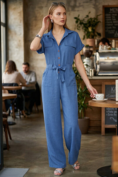 armonika Salopetă Palazzo albastru închis - mânecă liliac cu nasturi în față ...