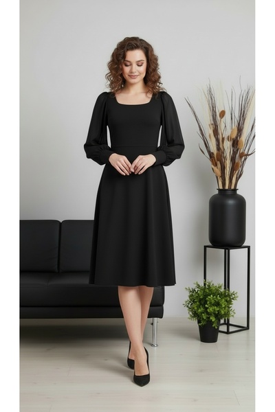 Rokka Moda Round Neck Midi Women's Dress with Chiffon Sleeves