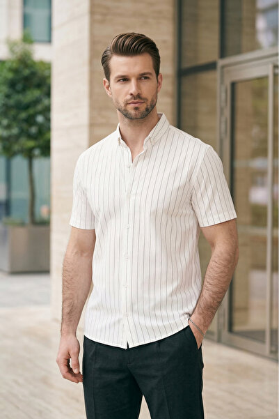 SILVANO Men's White Vertical Striped Jacquard Slim Fit Short Sleeve Shirt