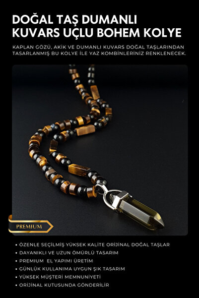 Seven Art Jewelry Doğal Taş Kolye, Kaplan Gözü, Akik, Dumanlı Kuvars Kolye, E...
