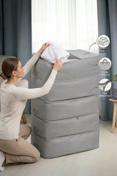 Textile sweet 5'li Mega Boy Gri Baza Altı Düzenleyici Hurç 74x46x22