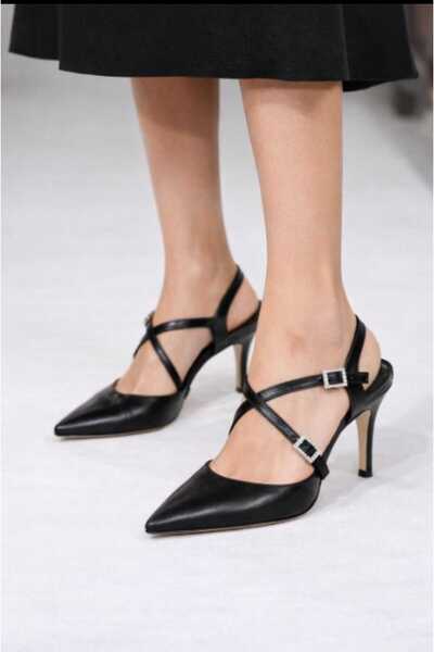JENA Black Matte Satin Double Buckle Cross-Strap Thin Wedge Heel Women's Livi...