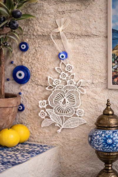 esdekor Beyaz Dantel Asmalık Süs 12x8cm 1 Adet Nazar Boncuklu El Işi Çiçek Mo...