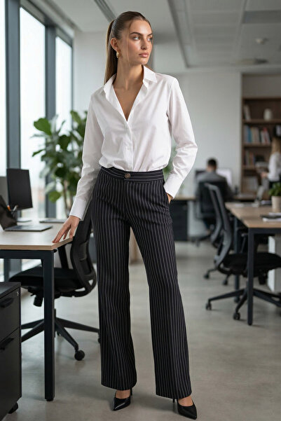 armonika Women's Navy Blue Wide Leg Fabric Trousers Arm-26K001053