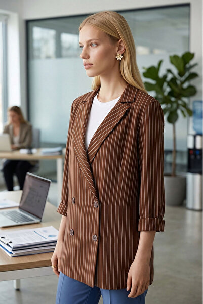 armonika Women's Brown Oversized Double Sleeve Double-Breasted Collar Lined B...