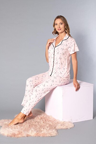 Poppy Boydan Düğmeli Kısa Kollu Gömlek Pijama Takımı - Yazlık Çiçek Desenli Y...