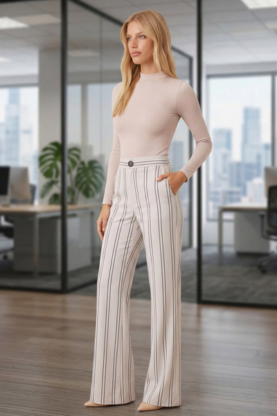 armonika Women's Cream Wide Leg Linen Trousers Arm-26K001053