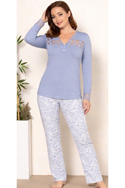FLZ Women's Long Sleeve Lace Detail Modal Printed Pajama Set 89-42