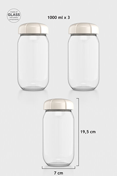 Renga Rhea 1000 ml Bej Kapaklı 3'lü Cam Kavanoz Seti 131012