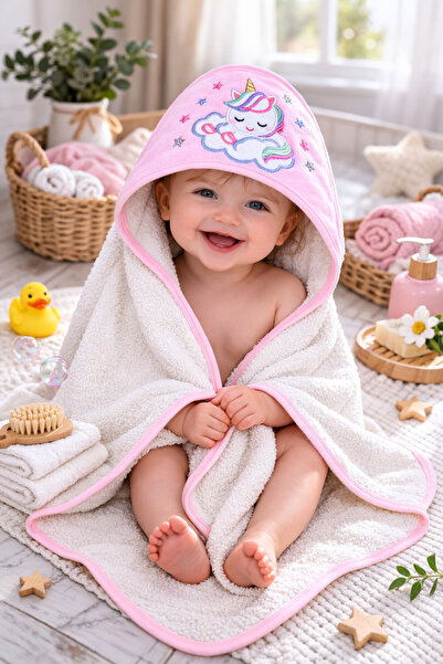 Tomuycuk %100 Pamuklu Başlıklı & Nakışlı Bebek Banyo Havlusu- Yumuşak & Su Em...