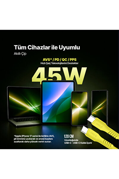 Ttec SmartCharger GAN 45W AVS PD Seyahat Hızlı Şarj Aleti + USB-C - USB-C 3A Kablo Neon