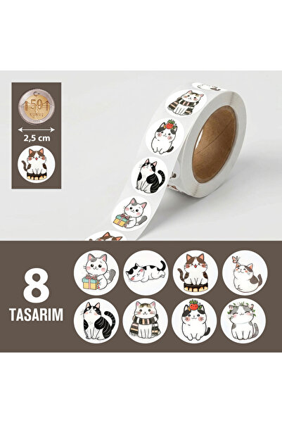 hdcw 500 ADET 2.5cm RULO YAPIŞKANLI SEVİMLİ KEDİLER TASARIMLI STICKER ETİKET ...
