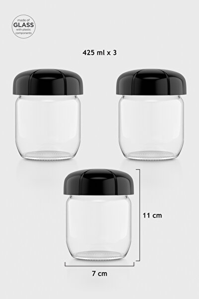 Renga Rhea 425 ml Siyah Kapaklı 3'lü Cam Kavanoz Seti 131010