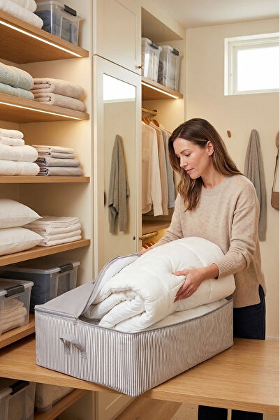 Textile sweet Mega Size Grey ριγέ Organizer κάτω από το πάτωμα 74x46x22