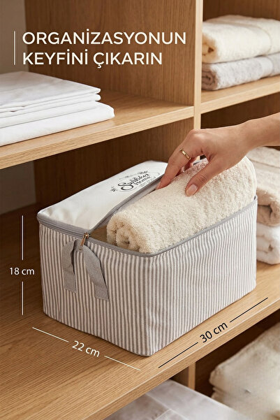 Textile sweet Küçük Boy Beyaz Gri Çizgili Baza Altı Düzenleyici 30x22x18