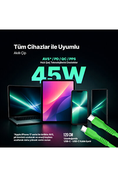 Ttec SmartCharger GAN 45W AVS PD Seyahat Hızlı Şarj Aleti + USB-C - USB-C 3A Kablo Neon