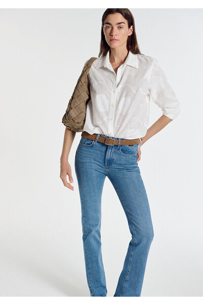 Mavi Baskılı Ekru Gömlek Loose Fit / Bol Rahat Kesim 1211437-70057