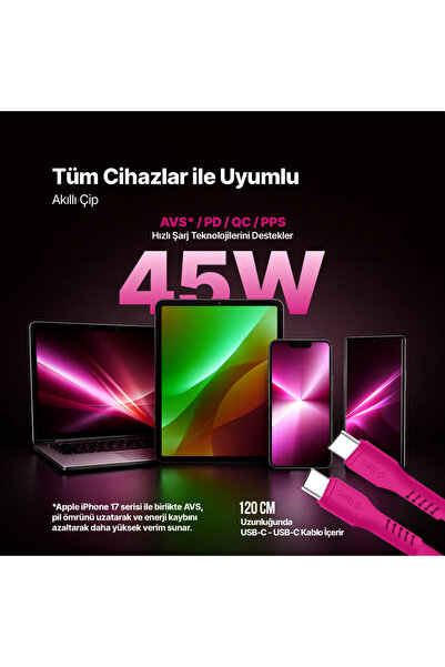Ttec SmartCharger GAN 45W AVS PD Seyahat Hızlı Şarj Aleti + USB-C - USB-C 3A Kablo Neon