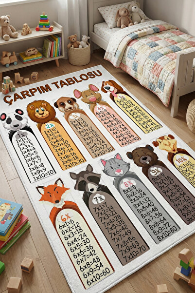 VOPTEKS Çarpım Tablosu Desenli Çocuk Odası Halısı Leke Tutmaz Makinede Yıkana...