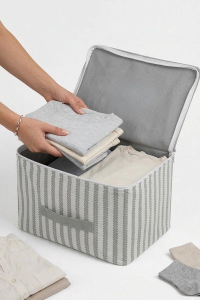 Textile sweet Küçük Boy Gri Çizgili Baza Altı Düzenleyici Hurç 30x22x18