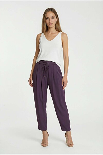 Spazio Yüksek Bel Pileli Beli Bağcıklı Lastikli Rahat Kesim Pantolon MÜRDÜM