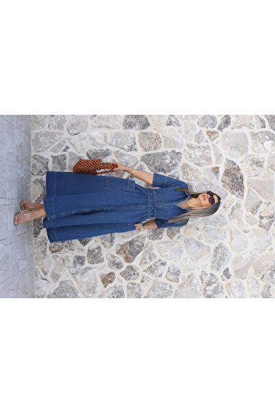 bytugcekaya Blue large Pocketed flared denim dress