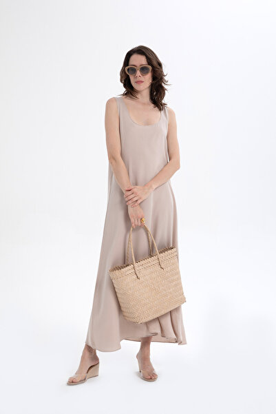 İpekçi Otantik Drapey Long Lyocell Dress with Straps Flax